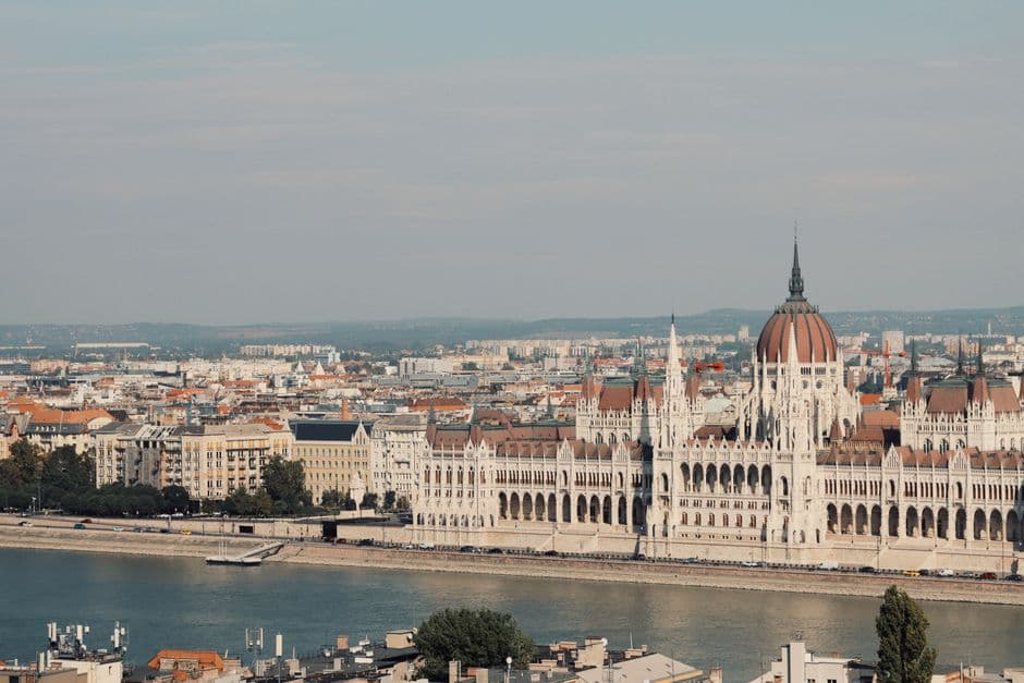 The Hungarian Parliament Building on the Pest embankment of the Danube in Budapest, seen from across the river on the Buda side