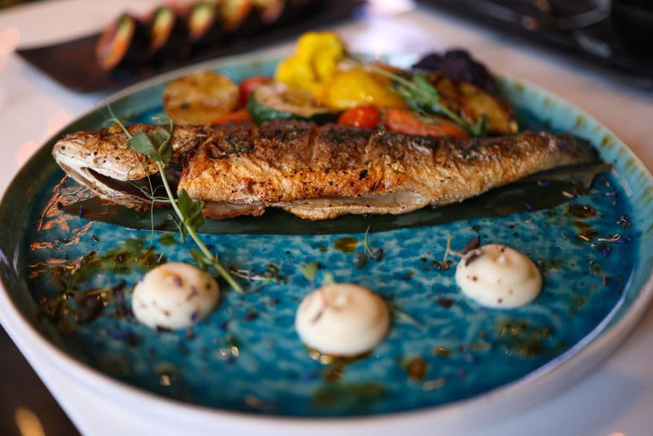 A plate of grilled fish and shellfish