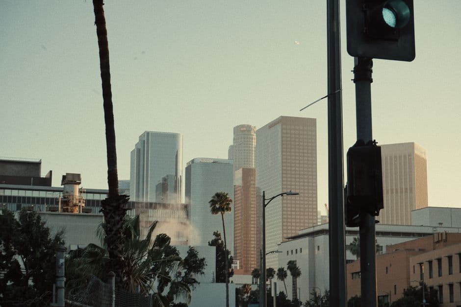 Downtown Los Angeles office towers at dusk seen from street level, with tall palm trees, a street lamp and a traffic light in the foreground