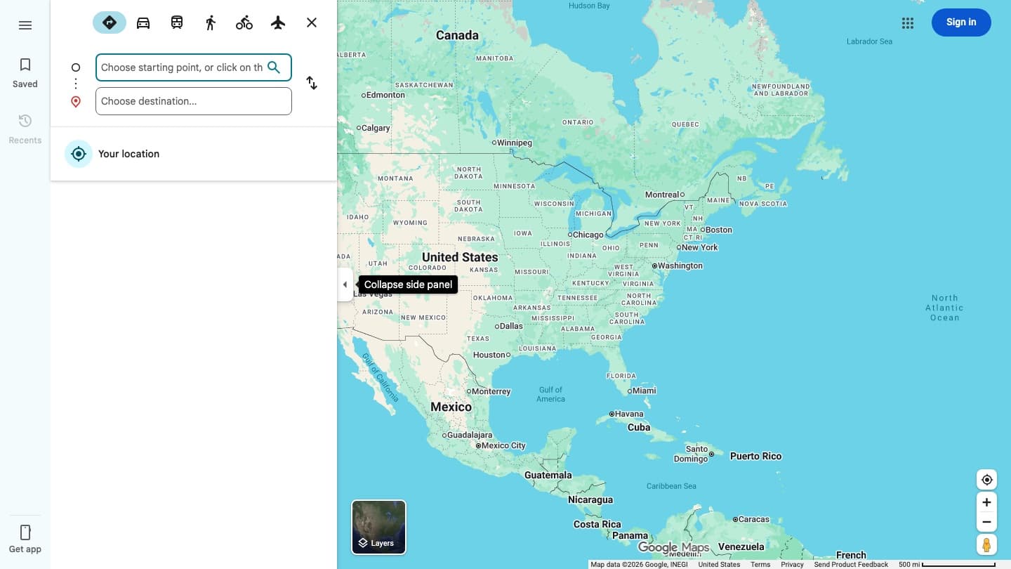 The empty Google Maps directions panel on a computer, showing a starting point field reading Choose starting point, or click on the map and a second field reading Choose destination