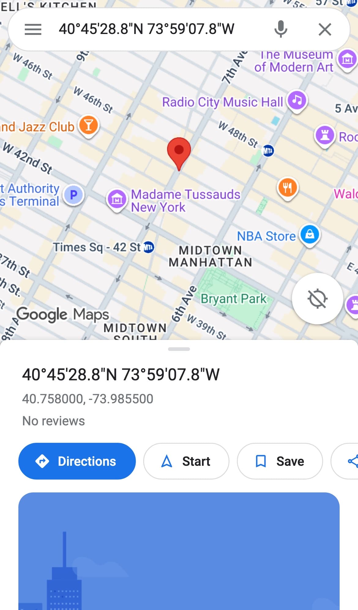 Google Maps showing a pin dropped from a coordinate search, with the heading 40 degrees 45 minutes 28.8 seconds North, 73 degrees 59 minutes 07.8 seconds West and the decimal pair 40.758000, -73.985500 underneath