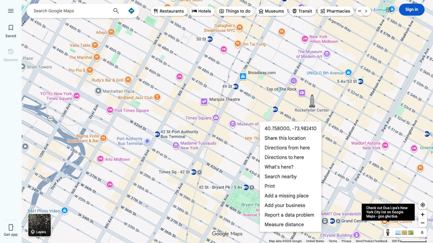 The Google Maps right-click menu open on a desktop map of midtown Manhattan, showing the latitude and longitude of the clicked point on its first line