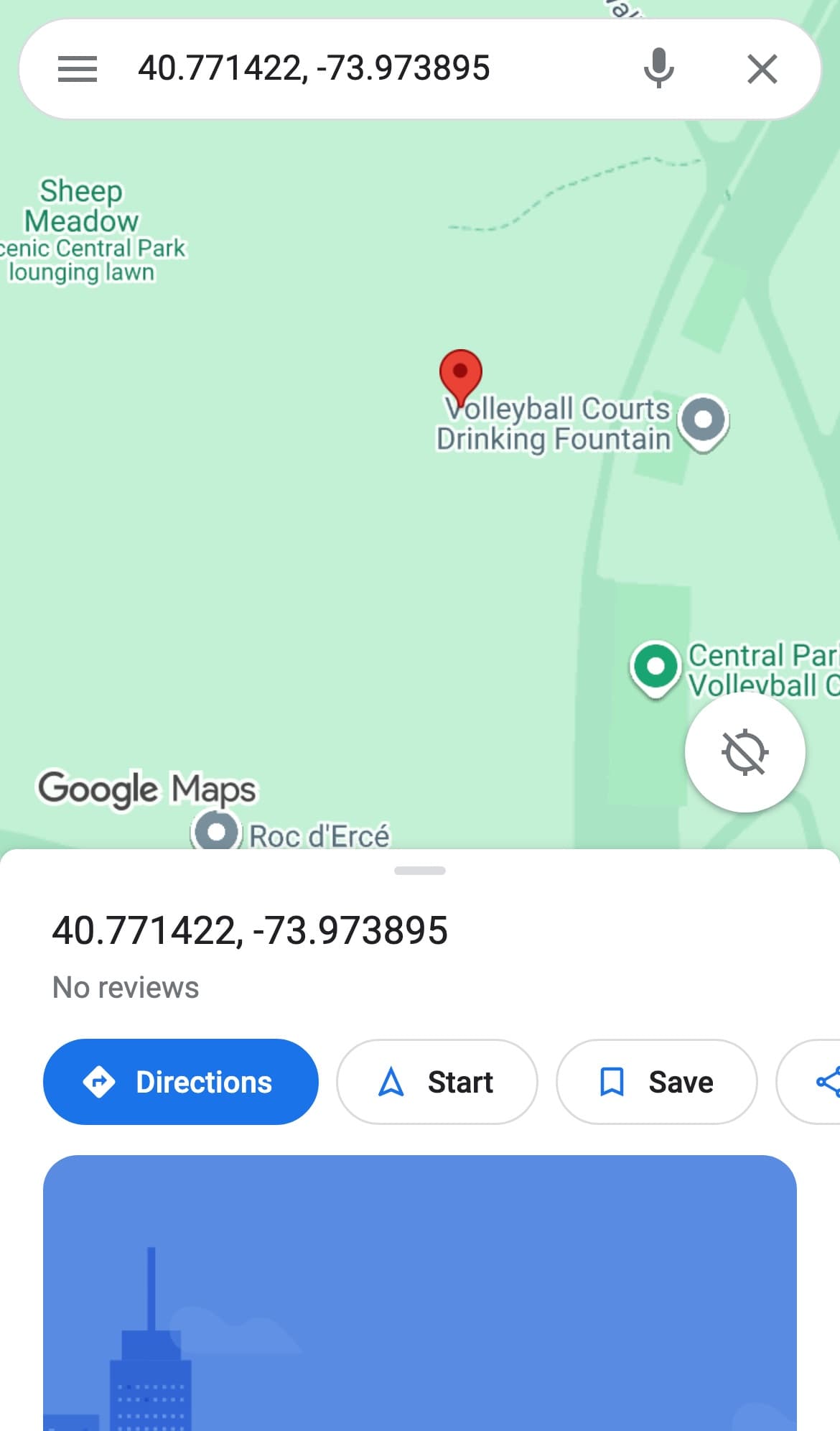 A red dropped pin on an open lawn in Central Park in Google Maps, with the card below showing the coordinates 40.771422, -73.973895 instead of a street address