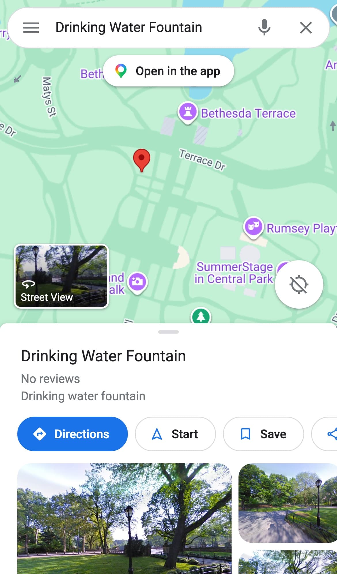 A long press in Central Park in Google Maps that snapped to a listed place, with the card reading Drinking Water Fountain instead of showing coordinates